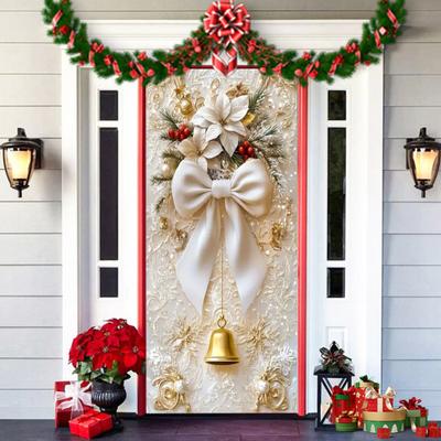 Christmas Door Cover 35x79in Stretchable Fabric Front Door Cover Decorative Bow And Bell Porch