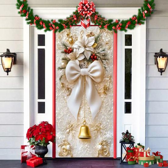 Christmas Door Cover 35x79in Stretchable Fabric Front Door Cover Decorative Bow And Bell Porch