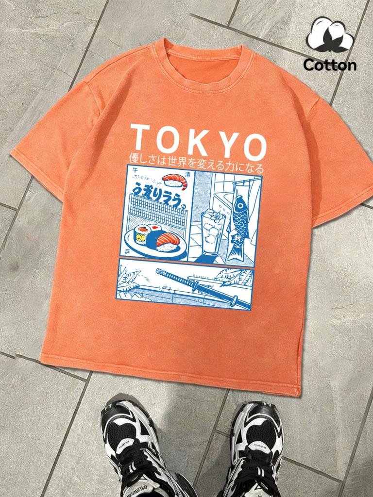 Fresh Sushi In Tokyo Printing Washed TShirt MenS Cotton Oversize T Shirts Basic ONeck Distressed Tops Summer Male Clothes