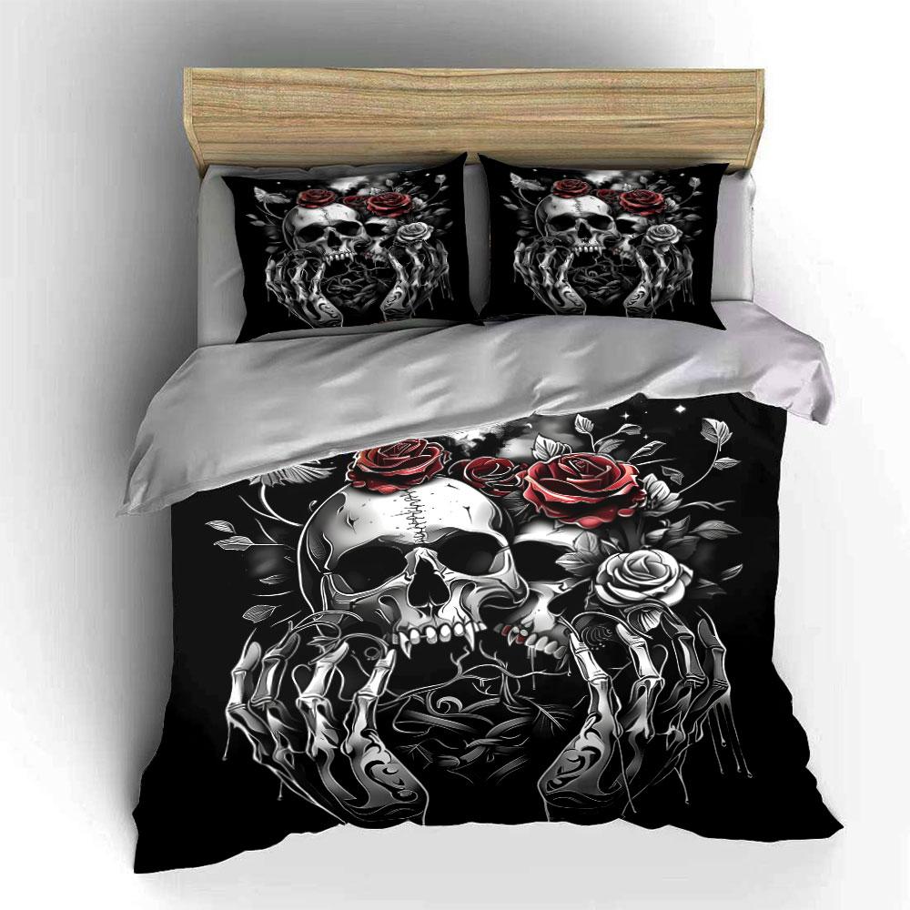 "Skulls with Roses Tattoo Art" Bedding Duvet Cover Set (1*Duvet Cover 2*Pillowcases, Without Duvet Insert)