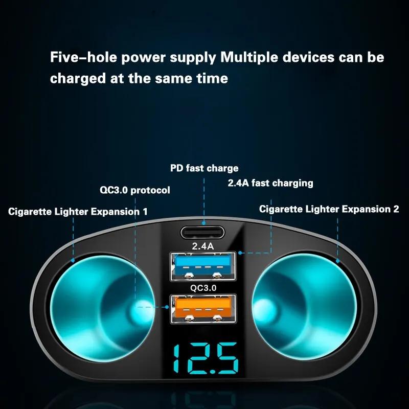120-240W PD QC3.0 Car Fast Charger Adapter Car Socket Splitter Digital Display Power Adapter for All Phone