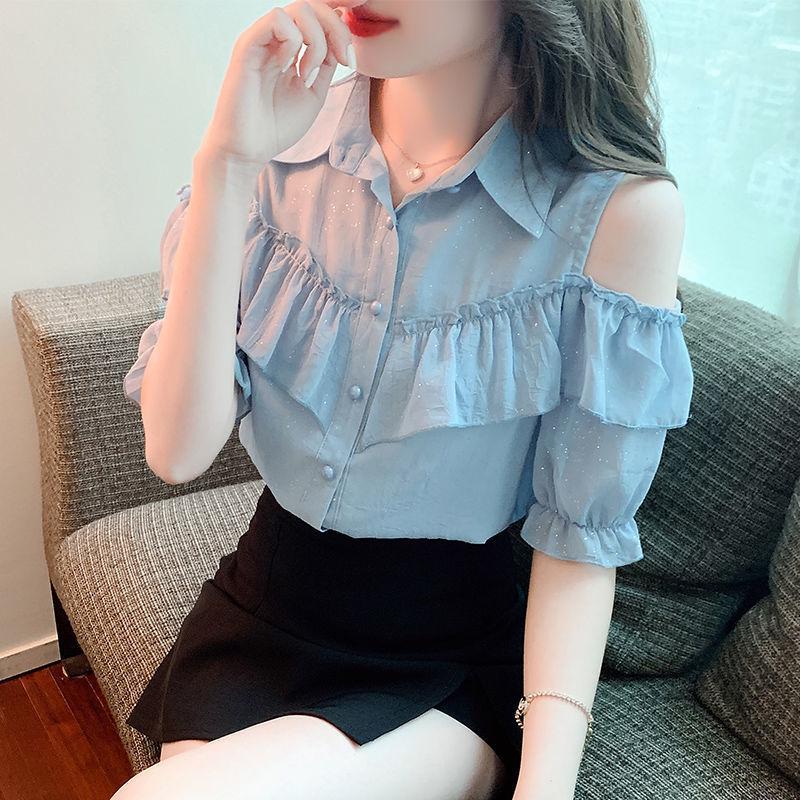 

Шикарная шифоновая блузка с оборками и открытыми плечами - Женский летний топ с короткими рукавами 2024 Medium синий