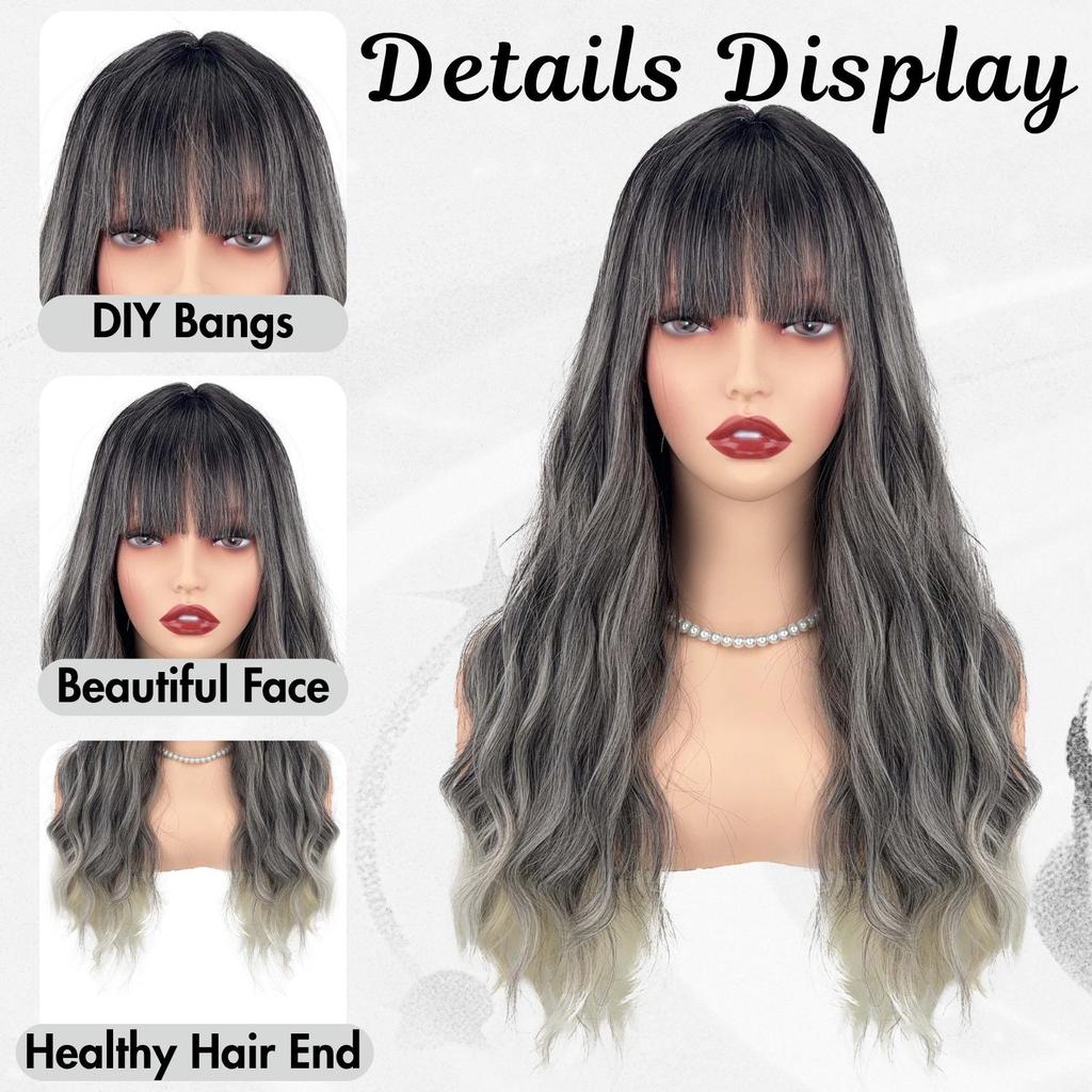 Wavy Long Curly Hair Wig with Bangs - Breathable Natural Look