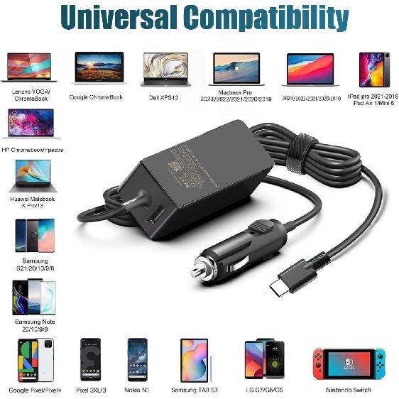 100W USB C Laptop Car Charger for Dell Latitude/Dell XPS, Lenovo Thinkpad/Yoga/IdeaPad, MacBook Pro/Air, HP Spectre/Elitebook, LG Gram, Samsung Acer