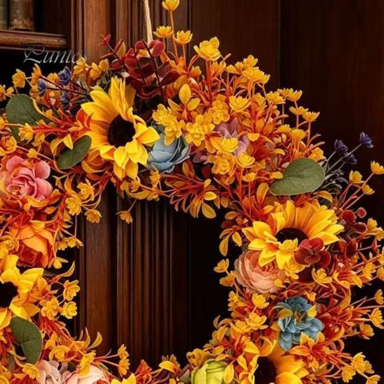 Artificial Flower Wreath for Entrance Fall with Sunflowers Front Door, 17.7 Inch Decorative Harvest Berry Wreaths Autumn Festival Wreath, Rustic