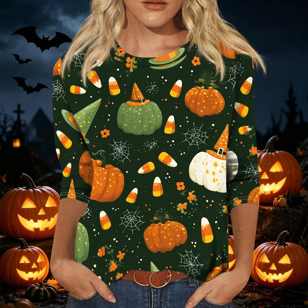Women's Halloween Print 3/4 Sleeve Shirt Loose Fit Casual Round Neck Pullover Top Lightweight Comfortable Fabric Suitable for Daily Wear