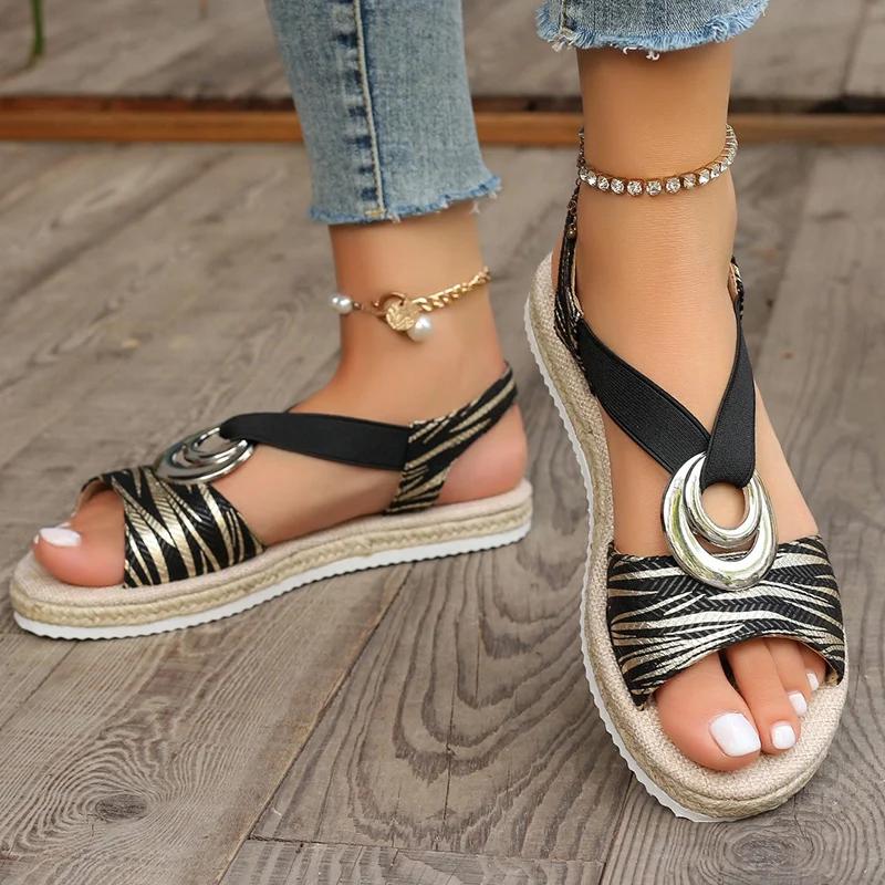 Fashion Fashion Metal Decor Stripe Sandals Women Summer Beach Flat Med Heel Sandals Woman Plus Size Non Slip Platform Sandalias Mujer