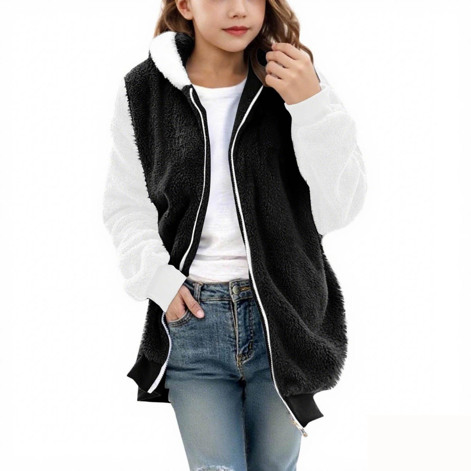 

Fashionable Children s Solid Color Long-sleeved Hooded Pocket Plush Coat 150 чорний
