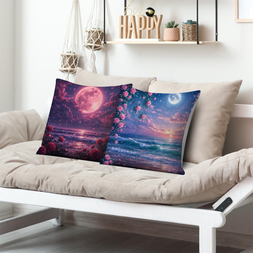 4Pcs Dreamy Rose Seaside View Digital Printing Pillow Cover Short Plush Suitable Living Rooms Bedrooms Sofas Throw Cushion Cover