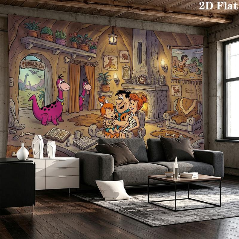 The Flintstones Cartoon Wall Tapestry Aesthetic Wall Hanging Printed Fabric Blanket Decorative Tapestries for Bedroom Living Room Home Decor