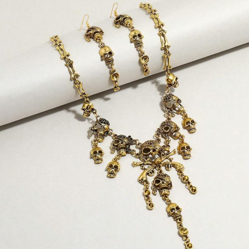 1pc Punk Retro Skull Necklace & 2pcs Earrings Halloween Party Exaggerated Jewelry Set for Women