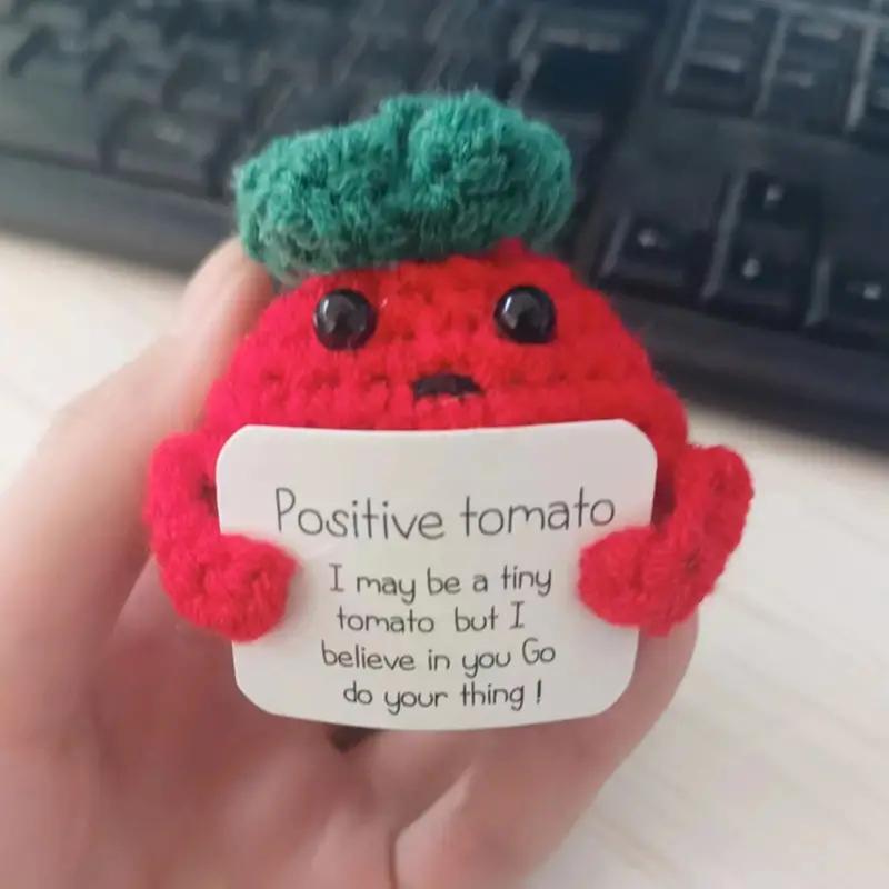 Cute Handmade Plush Doll Knitted Tomato Décor with Positive Message Valentine's Day New Year Birthday Gift for Kid and Couples