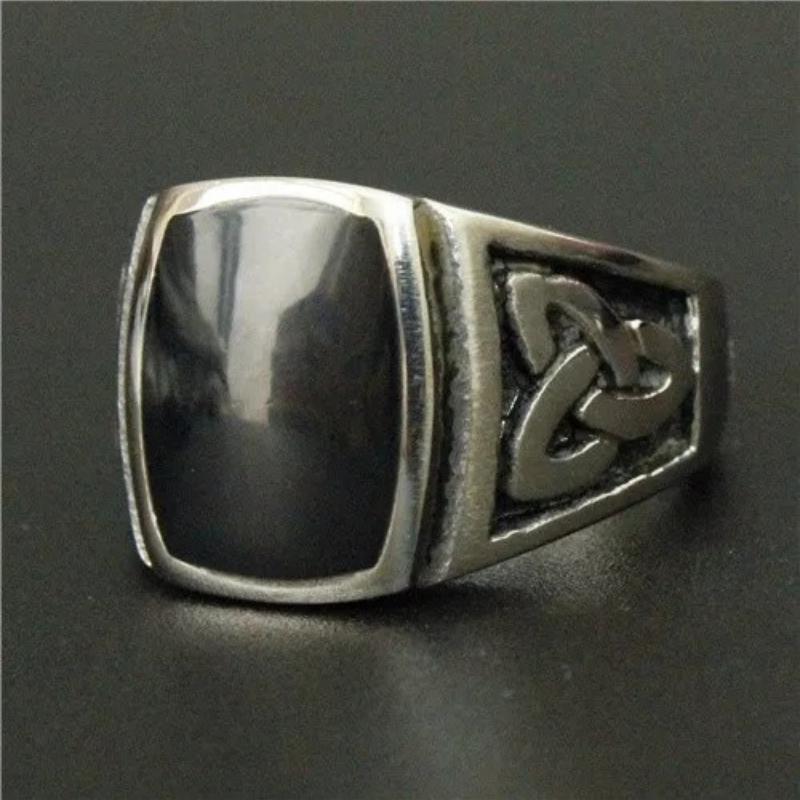 Viking Black Stone Egyptian Pattern Ring 316L Stainless Steel Biker Ring 7 серебряный