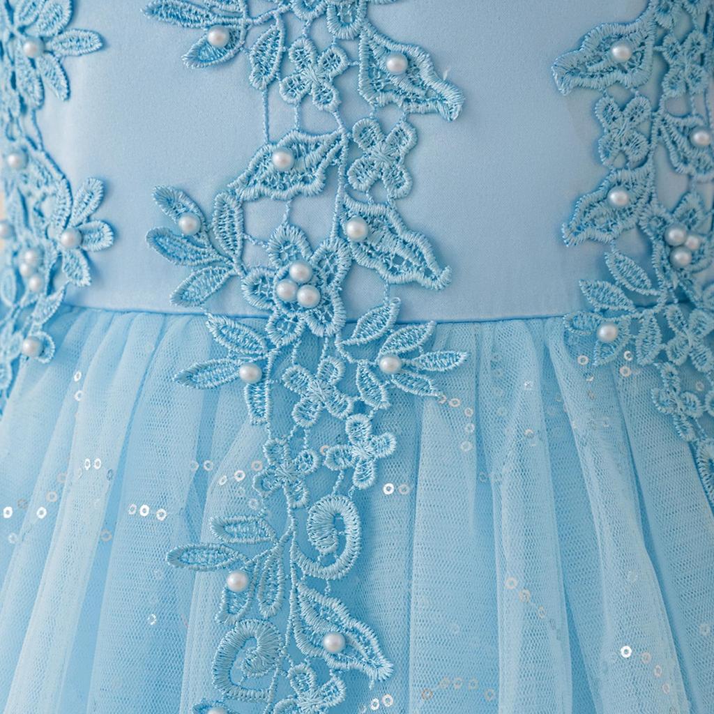 Abito da Principessa Ricamato con Perle per Bambina 4-12 Anni Moda Spalle Scoperte Manica a Sbuffo Abito in Rete Compleanno Matrimonio Damigella