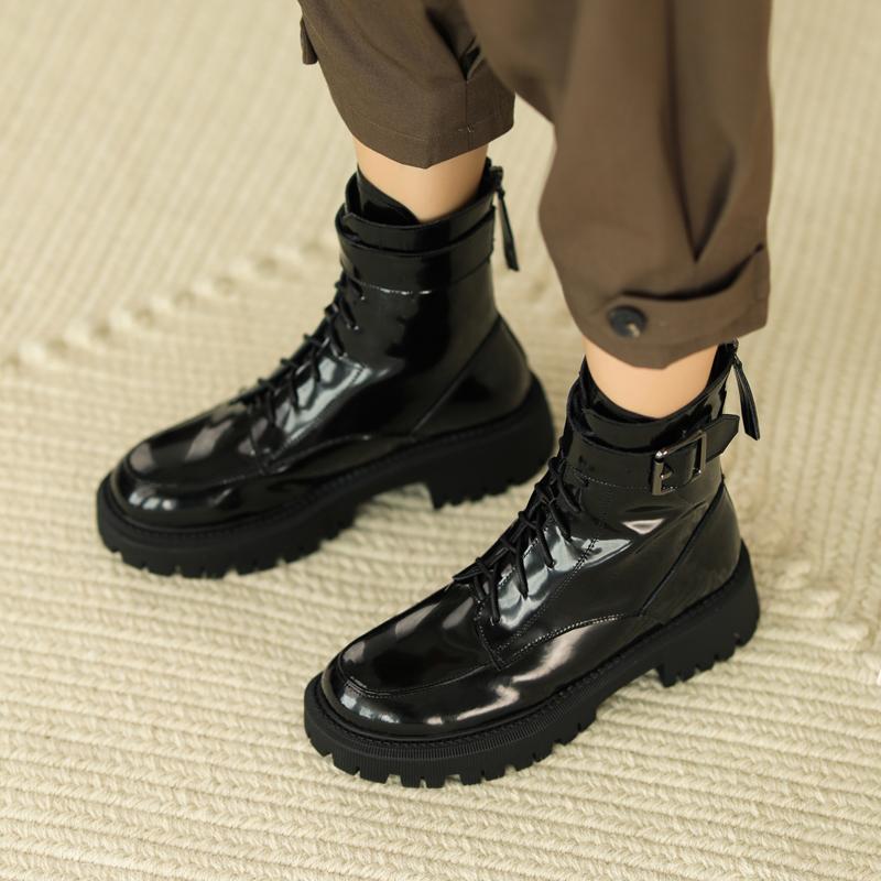2024 New Winter Genuine Leather Women Boots Fur Warm Boots Snow Boots Zippe Lace-up Platform Boots Black Motorcycle Boots Shoes