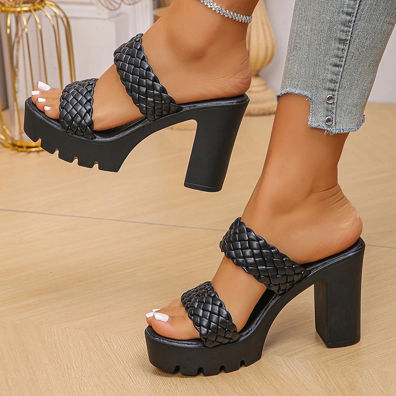 Fashion Pu Leather Woven High Heels Sandals for Women Summer New Fashion Slip On Platform Sandals Woman Non Slip Thick Heeled Slippers