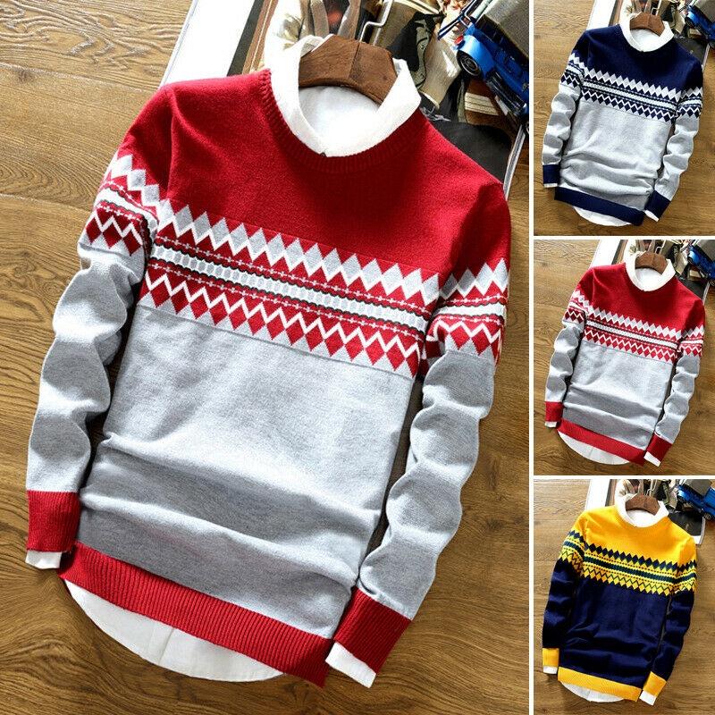 Men Slim Knit Color Block Sweater Crew Neck Jumper Top Winter Pullover Knitwear