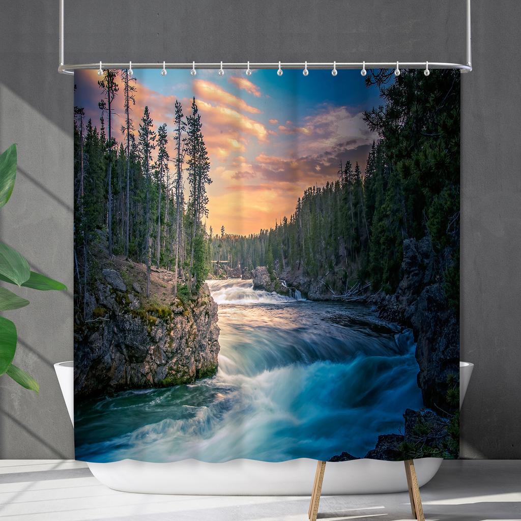Bathroom Waterproof Curtain Digital Printing Landscape Waterfall Shower Curtain Free Punching Toilet Partition Curtain Shower Cloth