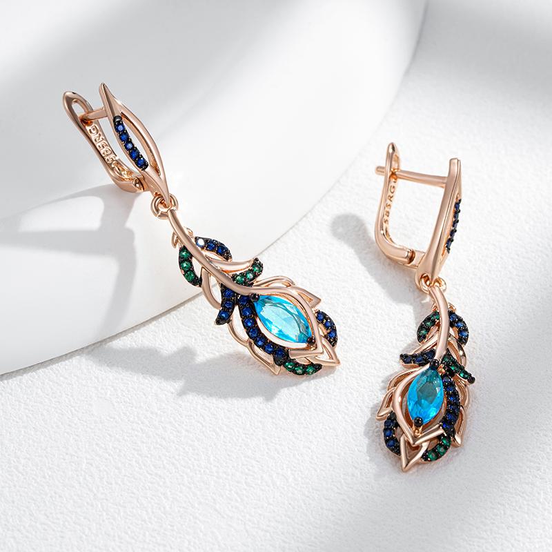 Blue Natural Zircon Flower Long Drop Earrings For Women  Rose Gold And Black Plating Vintage Party Daily Jewelry