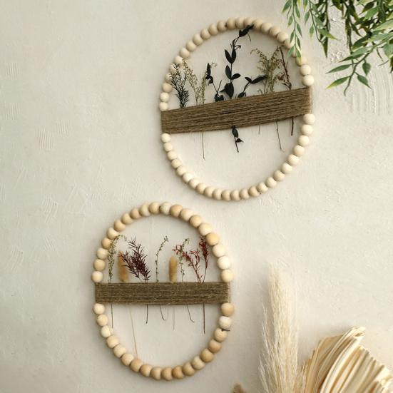 Yousheng Wood Bead Rope Wall Decoration Boho Farmhouse Rustic Round Plants Display Frame Wall Art Home Office Living Room Wall Ornament