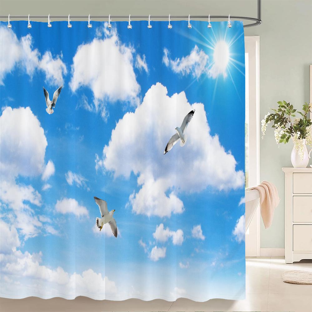 Tenda da Doccia 180x180cm Cielo Azzurro Nuvole Soleggiato Paesaggio Naturale Stampa 3D con Ganci Tessuto Impermeabile Tende per Bagno Casa