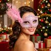 Venetian Masquerade Mask Halloween Princess Half Face Mask, Party High End Ball with Lace Feather Rhinestones, Adjustable Ribbon Women Accessory