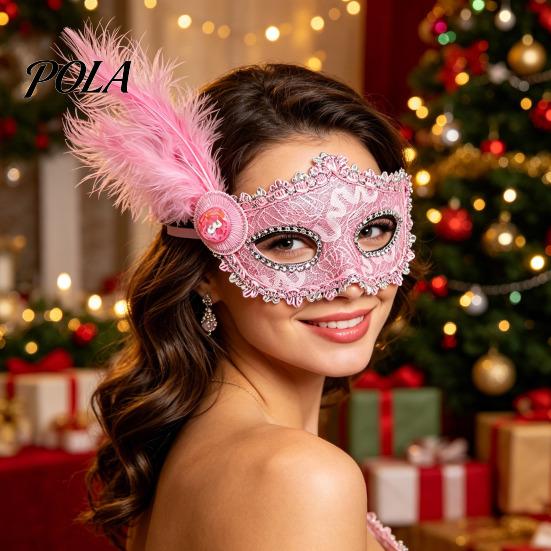Venetian Masquerade Mask Halloween Princess Half Face Mask, Party High End Ball with Lace Feather Rhinestones, Adjustable Ribbon Women Accessory