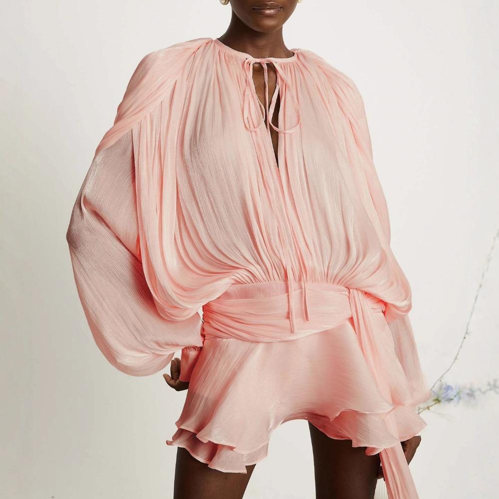 Women's Long Sleeve Shiny Chiffon Two Piece Mini Dress Tie Neck Ruched Waist Irregular Ruffle Skirt With Shorts Liner