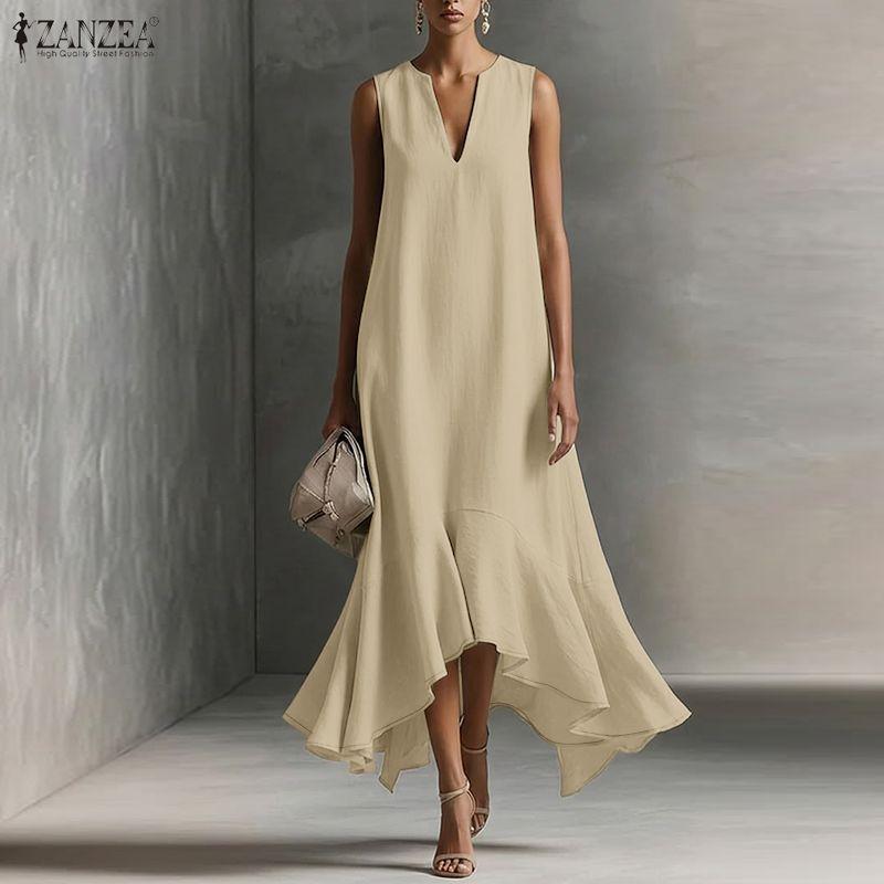 ZANZEA Women Elegant Casual V-Neck Solid Color Loose Sleeveless Dress