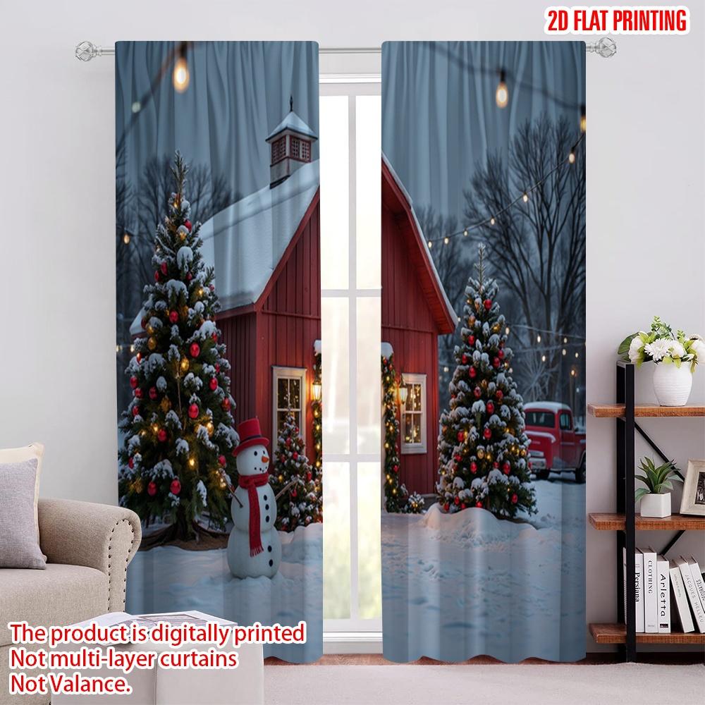 

Set Of 2 Flat Printing Christmas Scene Curtain Winter Fabric Without Electricity Family Party Use Classroom Office Polyester Perfect For Study W100*H70(CM)-Hooks&2PCS