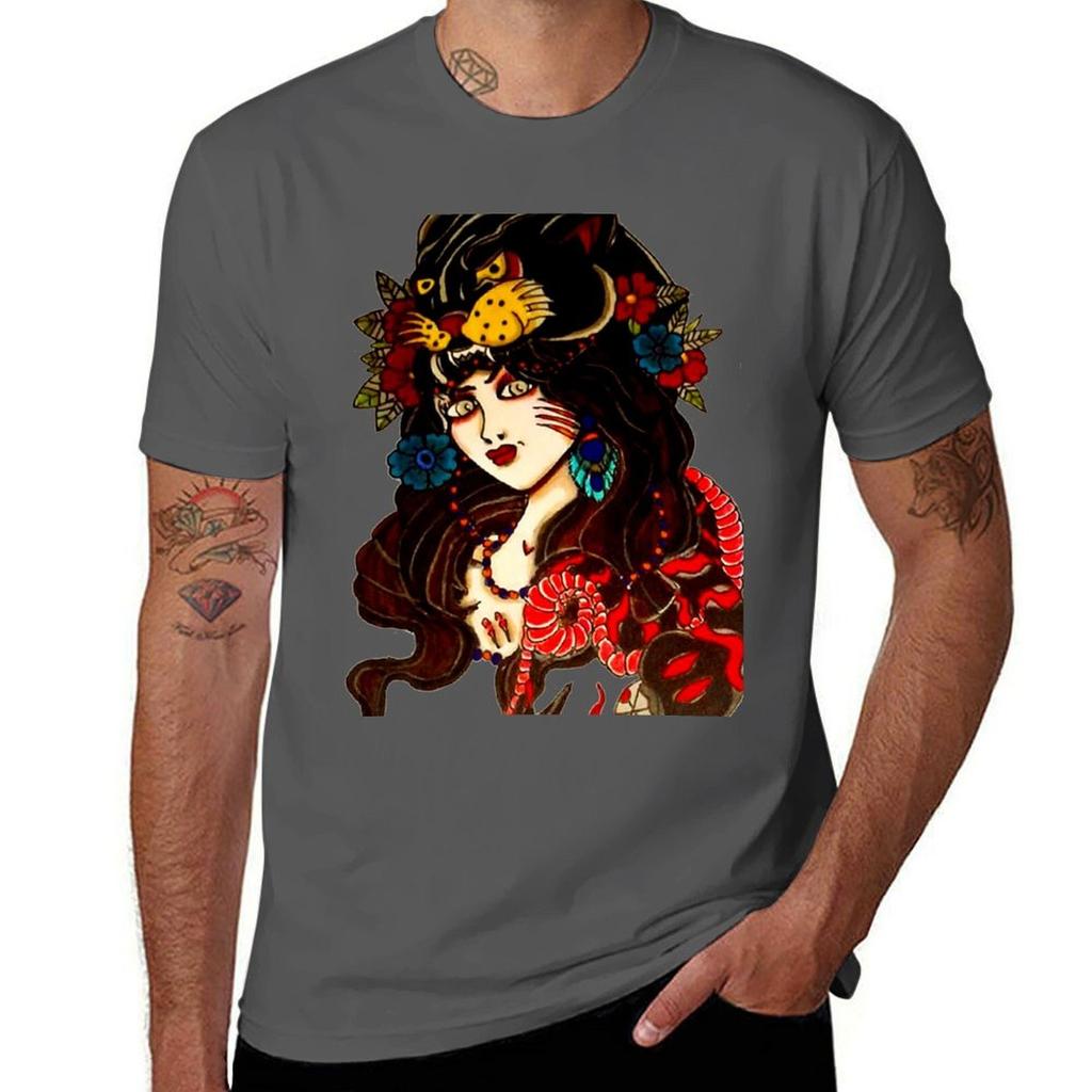 Lady With Panther Cowl Traditional Tattoo Art Tshirt Unisex T Shirts For Unisex Unisex T Shirt Designer Tshirt