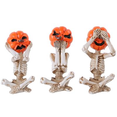 Pumpkin Skeleton Statues Mini Skull Figurines Halloween Decors Resin Skull Fishers Sculptures for Outdoor Garden Yard