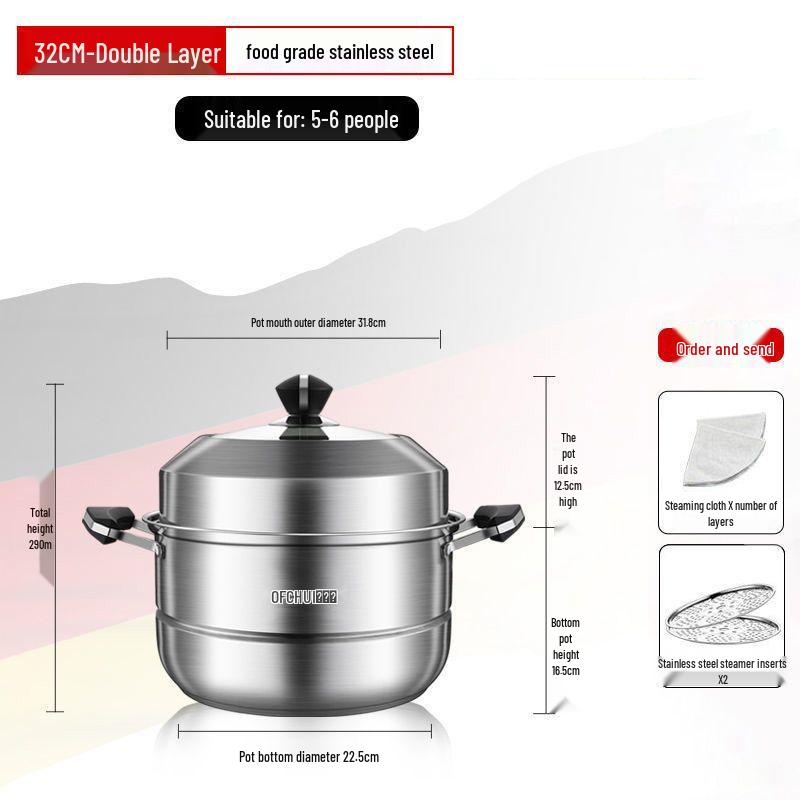 Large 304 Stainless Steel Three-Layer Household Steamer for Induction and Gas Stoves