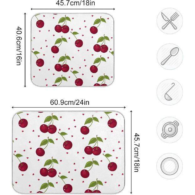 xigua Cute Cherry Fruit Dish Drying Mat for Kitchen Counter, Absorbent Microfiber Dishes Drainer Mats, Tableware Protector Dish Drying Pad 16x18in