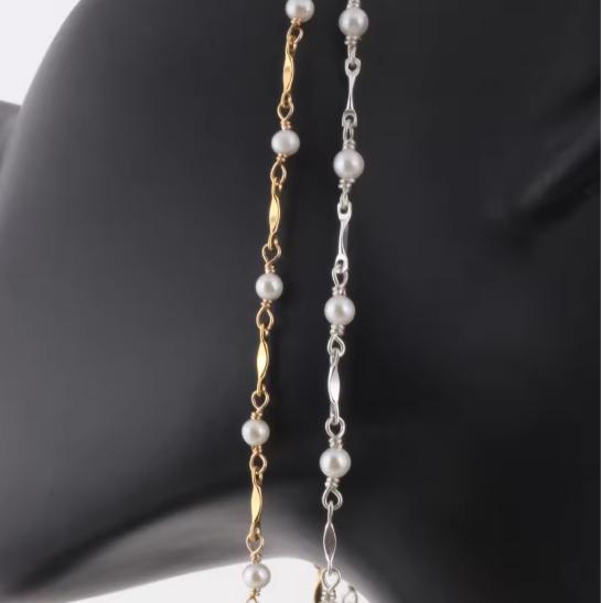 14K Gold Filled Dapped Bar Chain Beaded 3-3.5mm Fresh Water Pearls for DIY Permanent Handmade Necklace Bracelet Jewelry Making