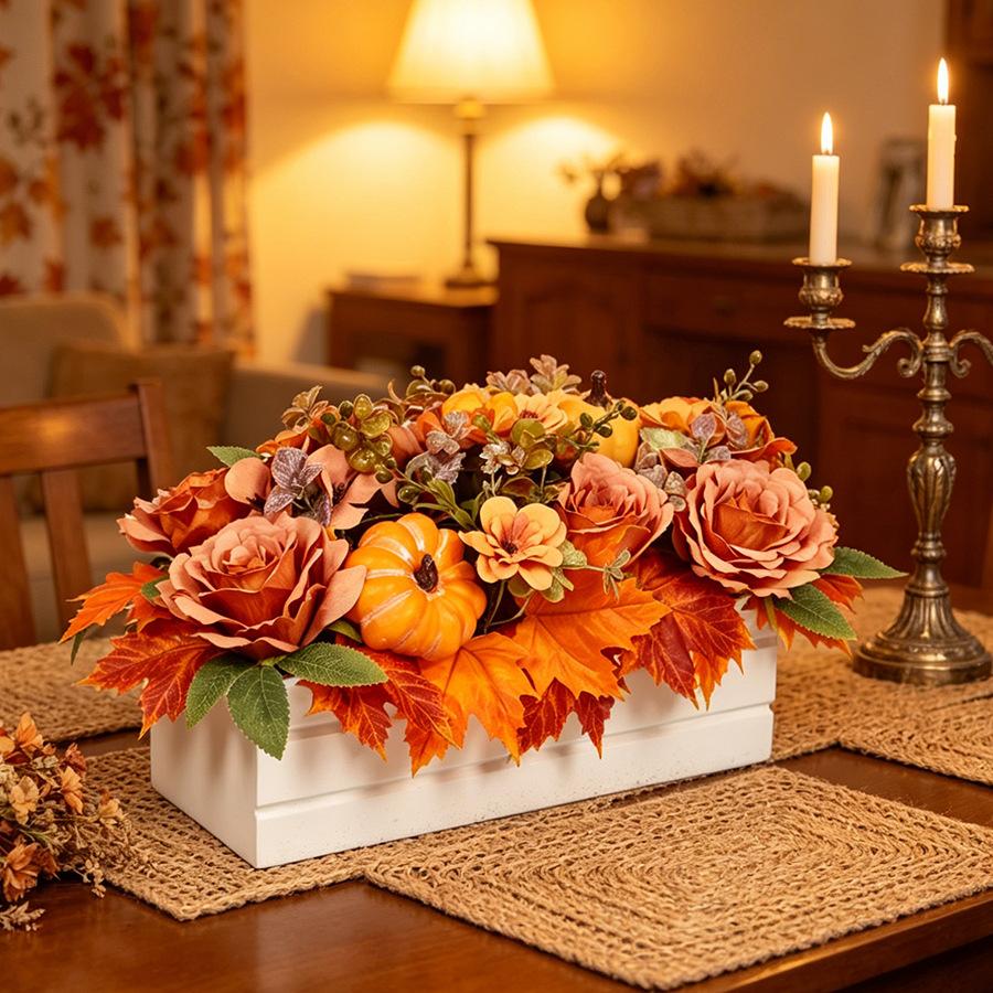Artificial Pumpkin and Maple Leaf Floral Arrangement In Wooden Box Fall Harvest Decoration for Indoor Tabletop Display Seasonal Home Accent