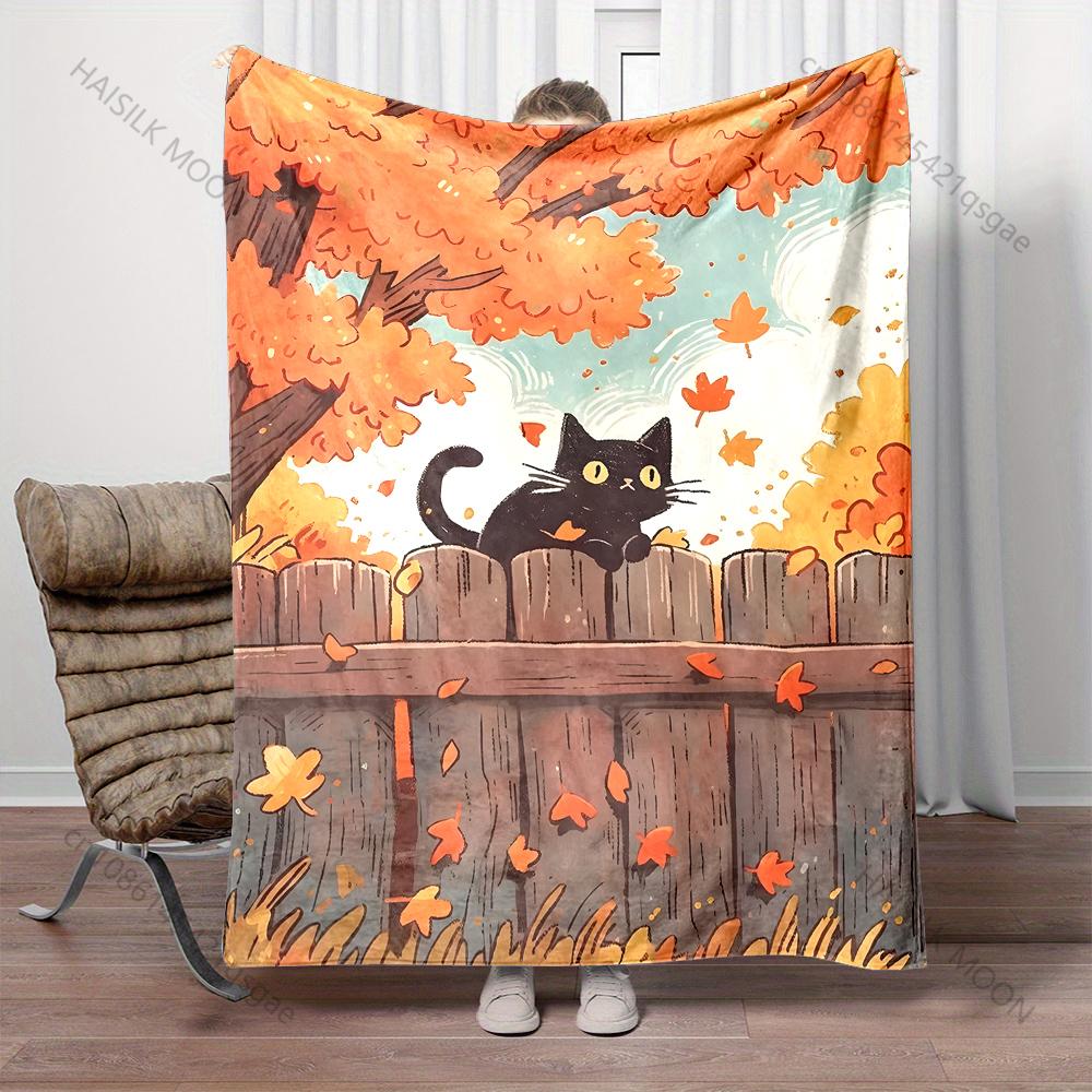 1PC Black cat on fence in autumn Print Adult Children Warm Blankets Home Travel Car Soft Comfortable Suitable for all seasons