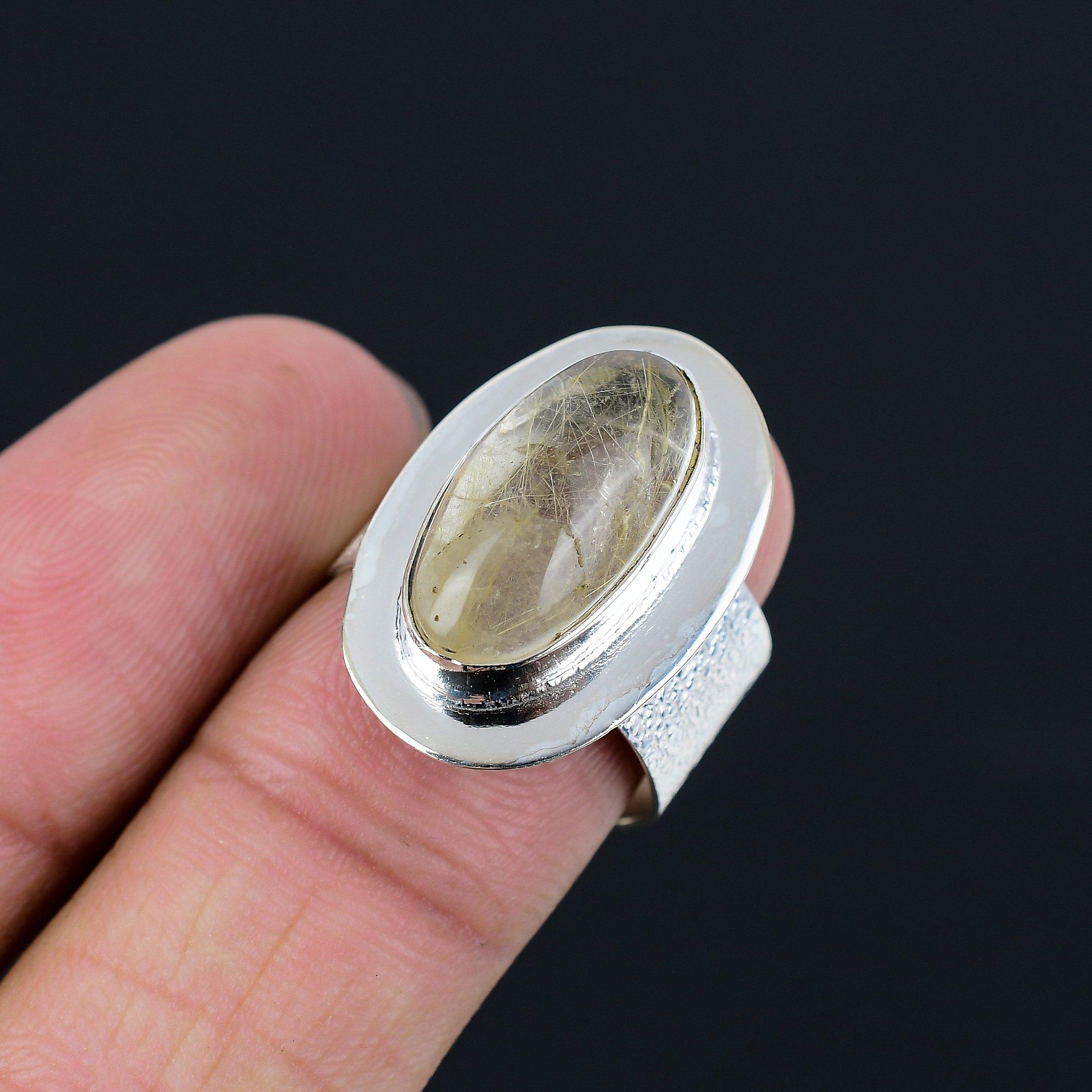 Oval Natural Golden Rutile Sterling Silver Solitaire Boho Ring Jewelry US 8.5 8.5