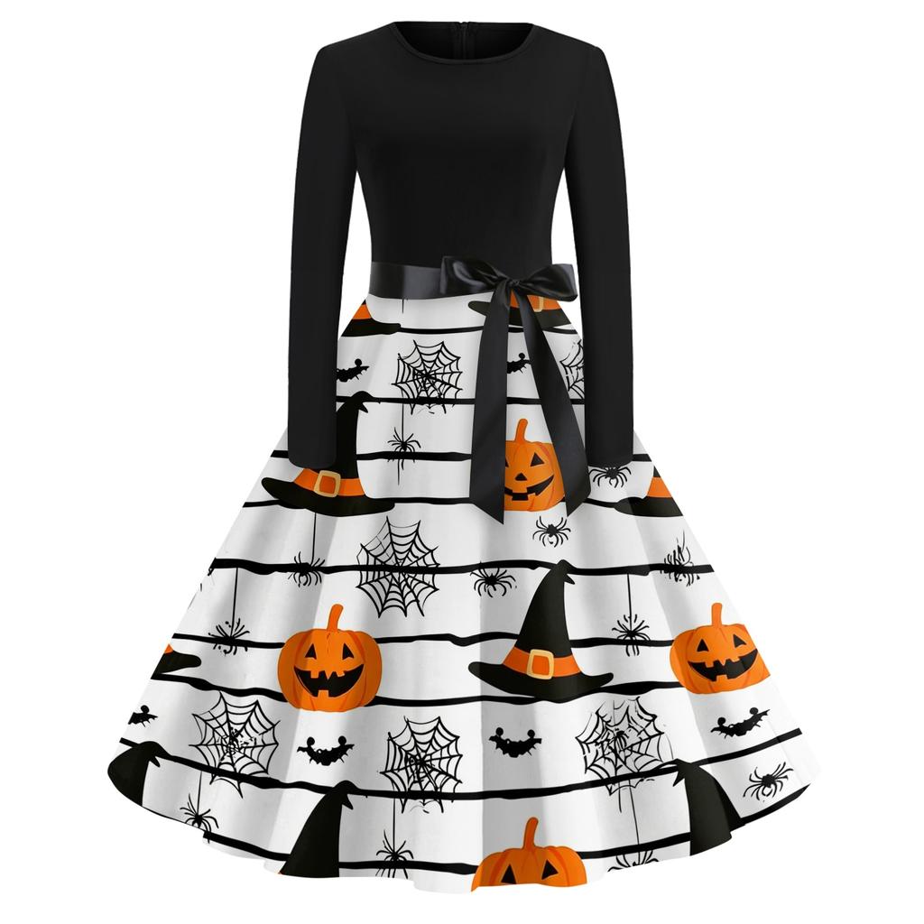 Women's Casual Halloween Print Dress Long Sleeve Round Neck Retro Vintage Style Midi Dress with Waist Tie for Everyday Wear