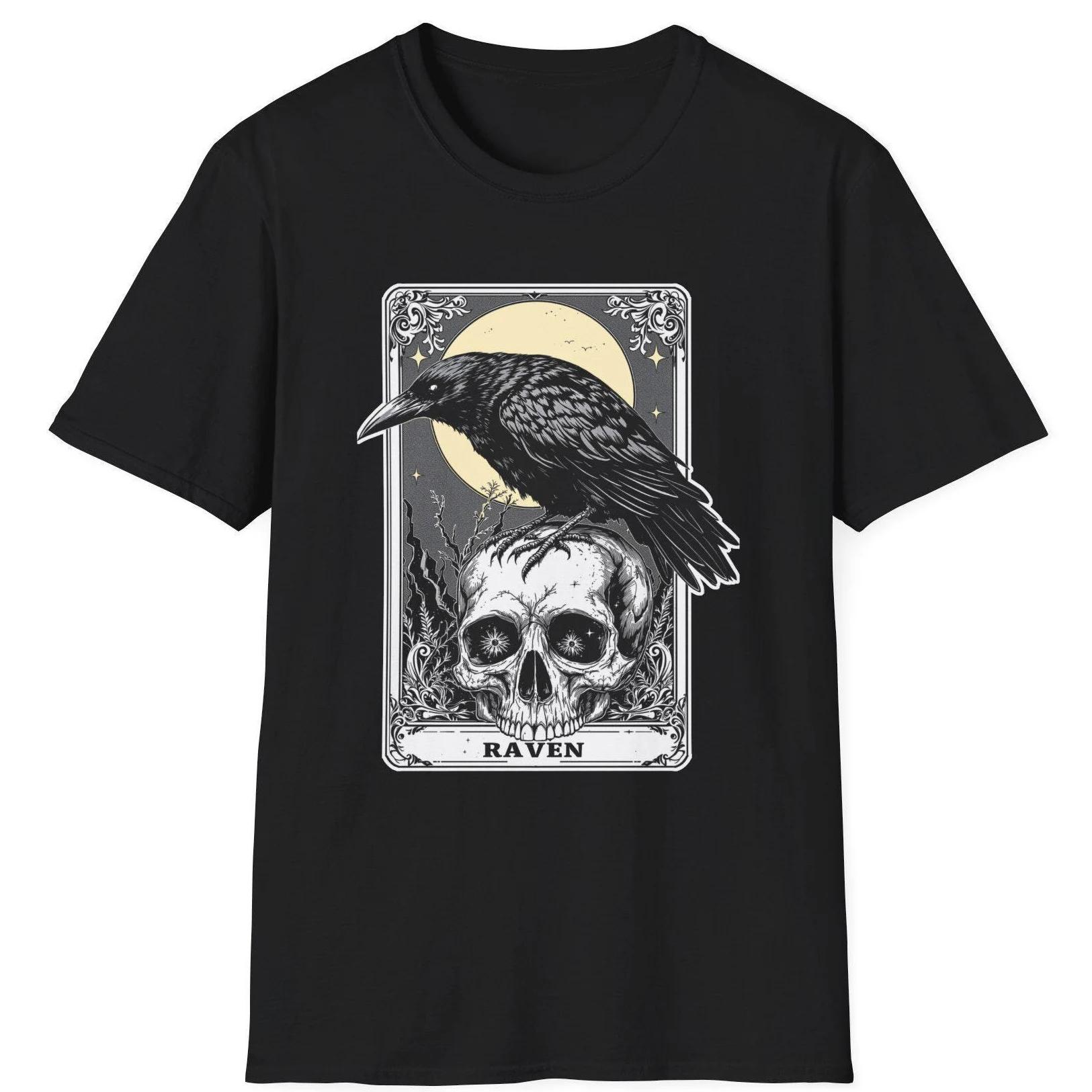 New Street Gothic-style Black Crow Print Soft T-shirt, Crow Tarot Card Shirt, Men s Top T-shirt for Streetwear - Men s Summer... S разноцветный