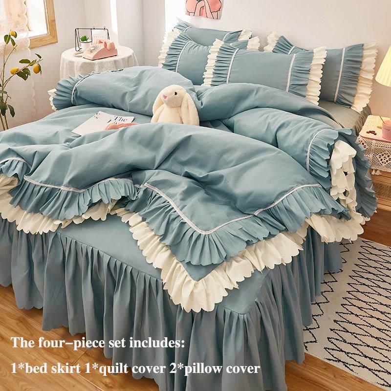 Saia de cama de quatro peças grossa escovada estilo coreano saia de cama e capa de edredão de três peças estilo princesa