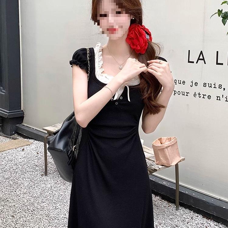 French Hepburn Style Fake Two-piece Short-sleeved Slim Temperament Black Slim-fit Knitted Dress Women's Summer Small Black Skirt