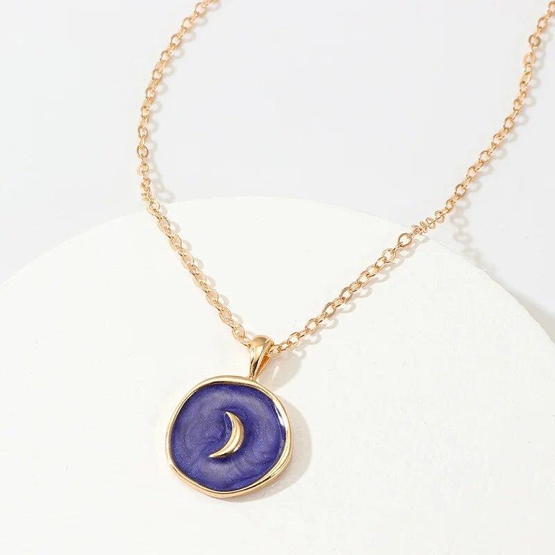 Women Heart Necklaces Moon Star Round Enamel Pendant Necklace Girls Clavicle Chain Aesthetic Jewelry Wedding Party Accessories