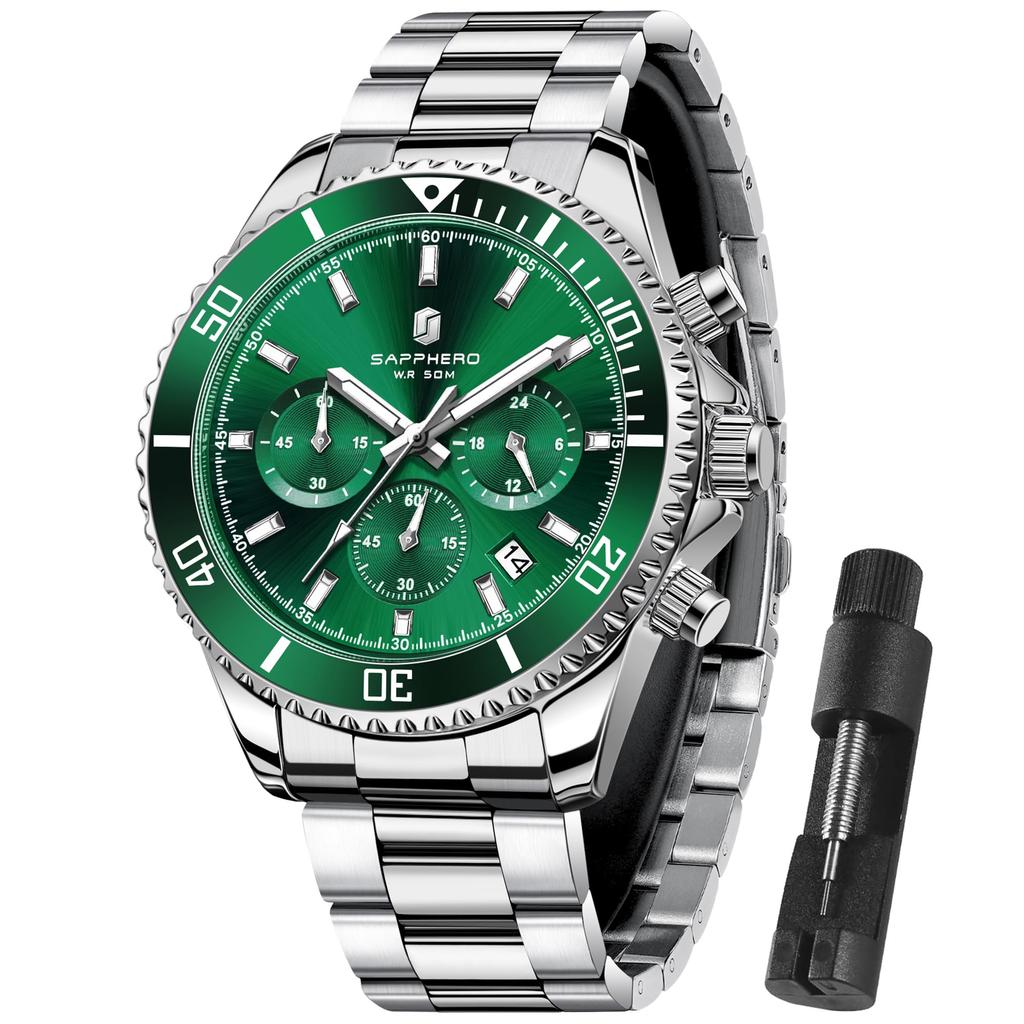 SAPPHERO Analog 10 ATM Water Luminous Stainless Mineral Date Silver Green Dial Men's Watch, Resistant, Hands, Steel, Glass, Business/Outdoor Use,