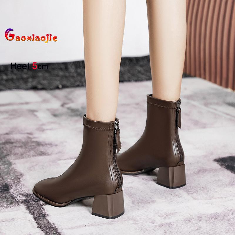 New High Heel Women's Boots Autumn Winter Plucked Mid-calf Boots Fashion Solid Color Soft Leather French Style Square Head Shoes