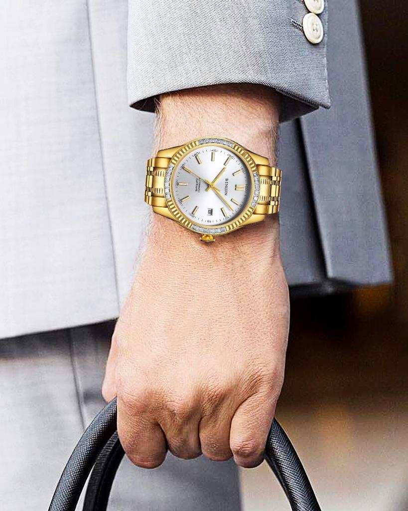 BINLUN Men's Gold Mechanical Automatic Watch with Water Resistance, Stylish Casual Business Watch with Stainless Steel Finish, Date Display, Perfect