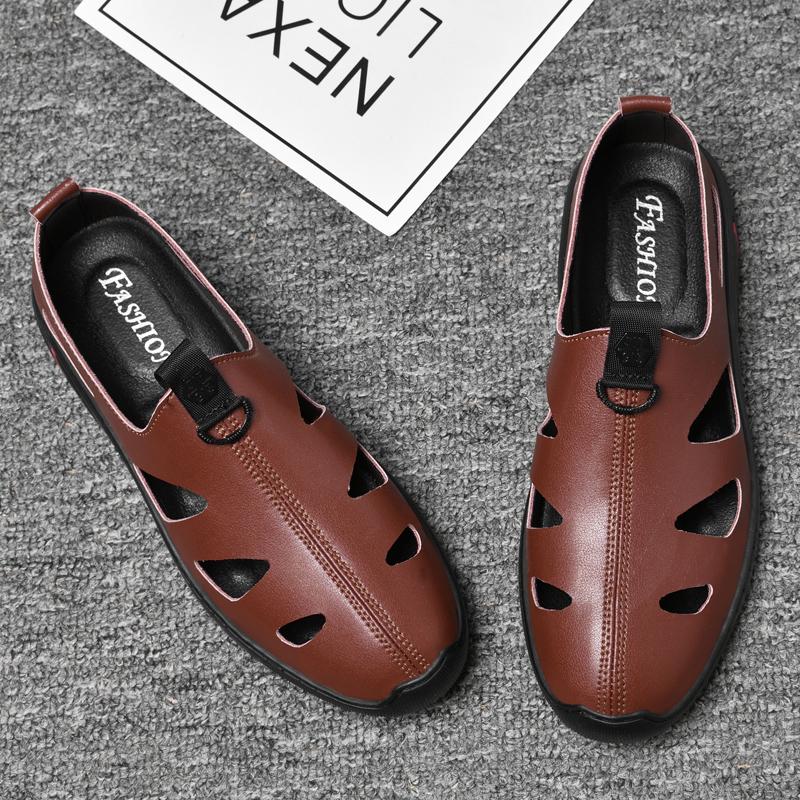 FashionBrand Cow Leather Retro Sandals Men's Summer Shoes Leisure Beach Shoes Male Genuine Leather Slippers Brown Dress Loafers Men