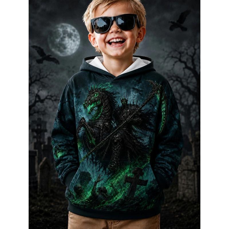 2026 Halloween Boys' 3D Graphic Skull Hoodie Pullover Long Sleeve Spring Sports Fashion Streetwear Kids 4-7 Years Hooded Casual