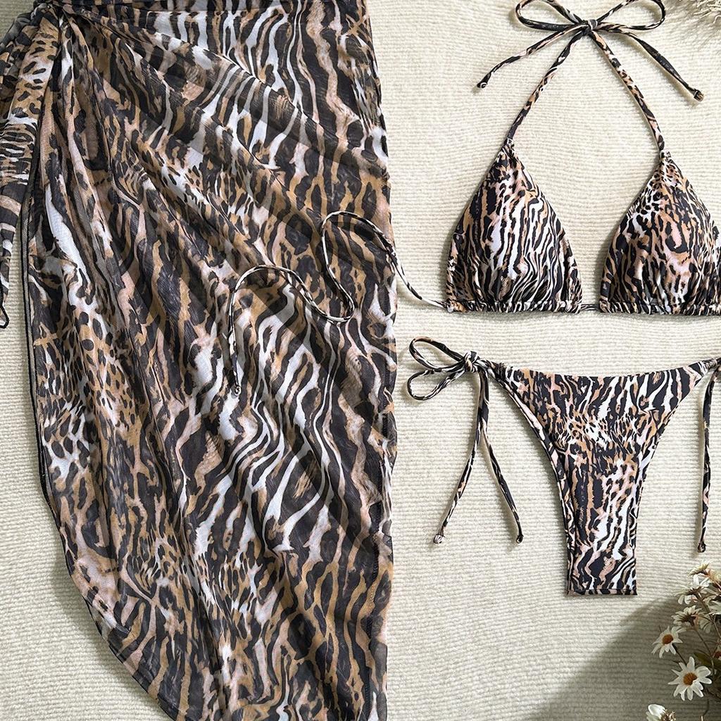 2026 Europäischer und Amerikanischer Leopardenmuster Neues Strand-Sonnenschutz-Netzrock Modischer und Sexy Dreiteiliger Bikini Geteilter Badeanzug
