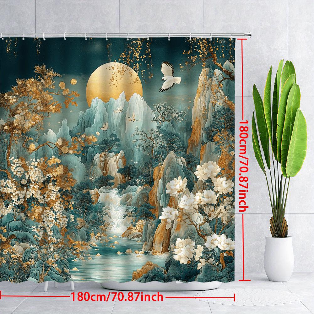 1pc Golden Full Moon Shower Curtain - Chinese Style, Turquoise Mountains, Blooming Flowers, White Birds,  Serene Bathroom Decor